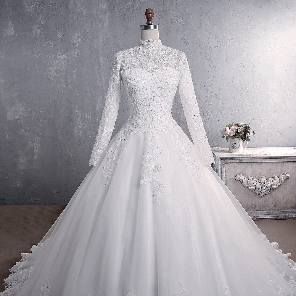 High Neck Lace Wedding Dresses Long Sleeve Ball Gown A Line Bridal Gowns